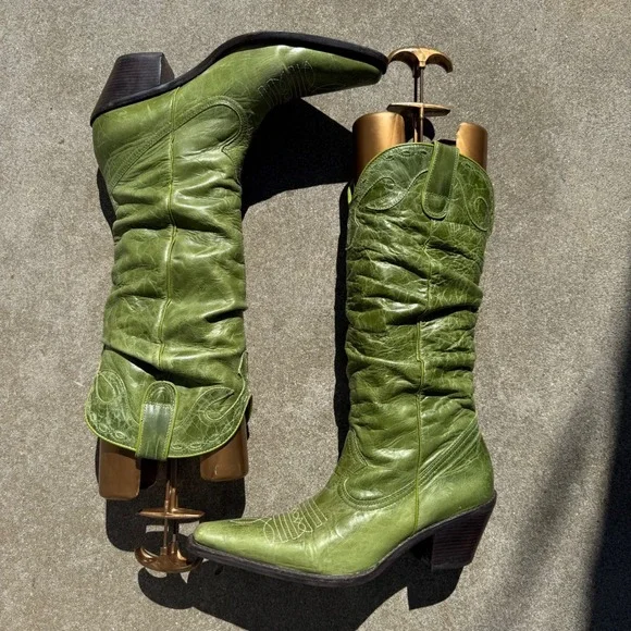 Steve Madden Saddle Green Leather Slouchy Western Cowboy Boots Womens 9B Brazil - Picture 10 of 13